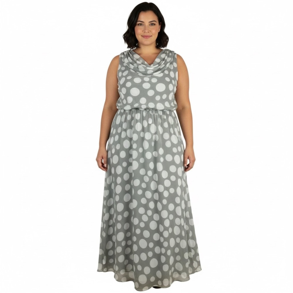 MSK Polka Dot Dress Women Plus‎ 22W Gray A Line Sleeveless Midi Length Chiffon